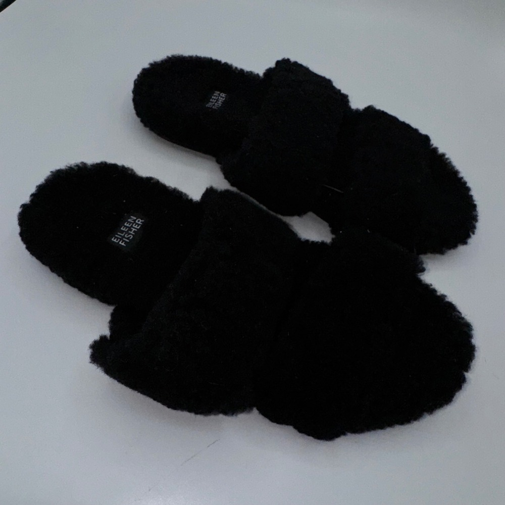 EILEEN FISHER Shoes Womens 7.5 Dello‎ Shearling Slide Sandal Black Lamb Fur Slip - Picture 8 of 13